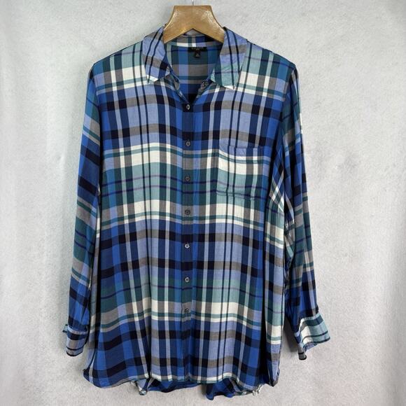Talbots Womens Plus Sz 2X Blue Plaid Rayon Button Up Blouse‎ Pocket Long Sleeve - Picture 1 of 6